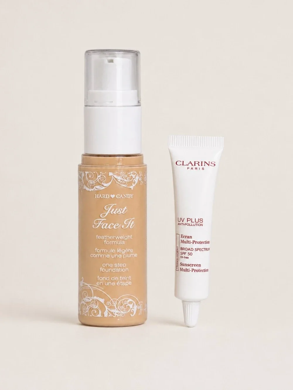 💗✨ Hard Candy Just Face It Foundation Light Beige 834 & Clarins SPF 50 Mini Set